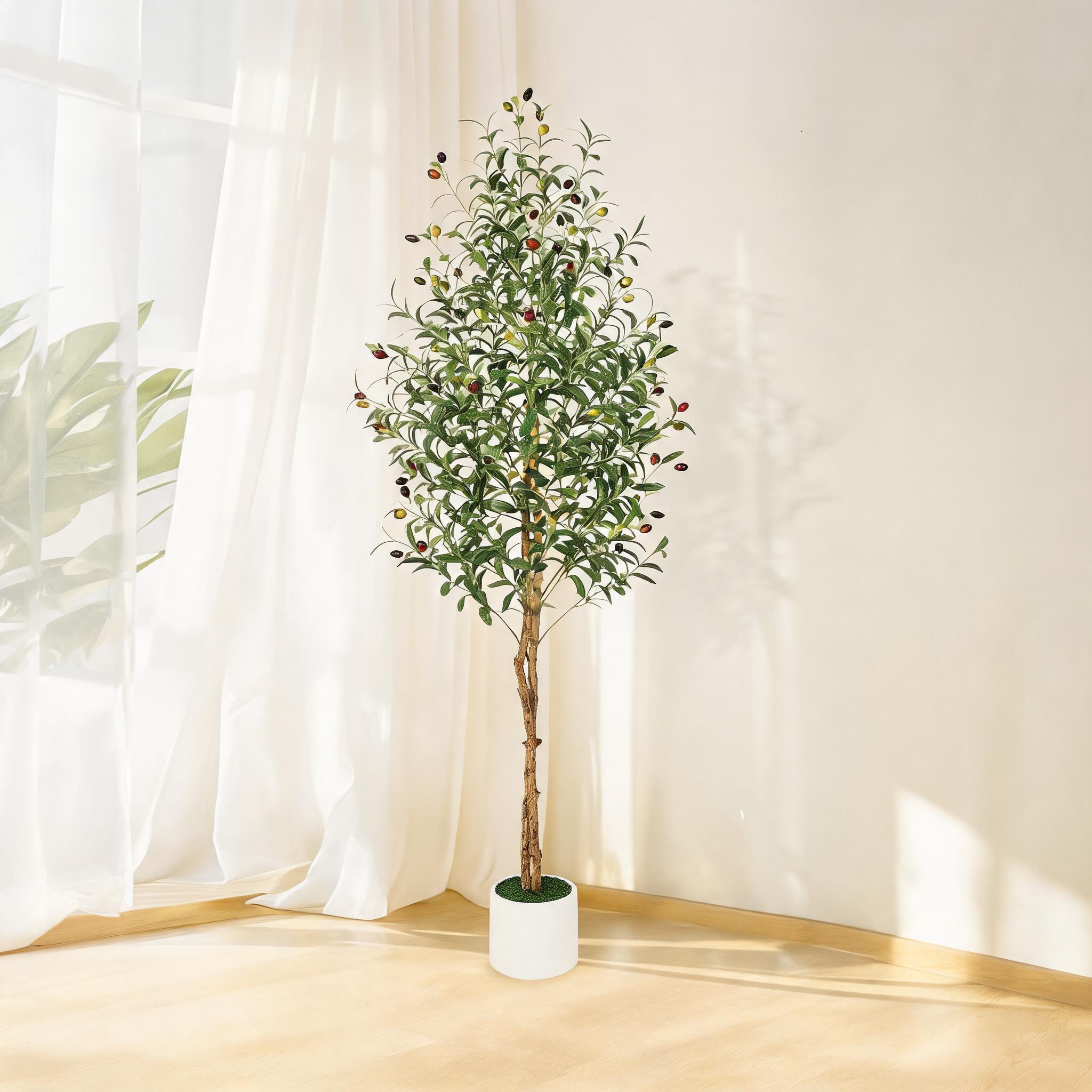 Lot 2 Künstliche Olivenbäume – 213 Cm Hoch Mit Echten Holzstämmen – Realistische Früchte – Für Wohnzimmer, Büro, Mediterranes Flair