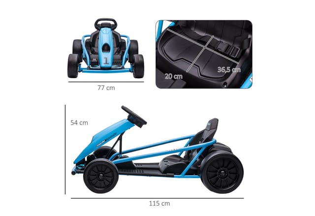 HOMCOM Kinder Elektro Gokart 12 V 6-13km/h Drift Kart mit Langsamem Start, Musik, Hupe und Sicherheitsgurt, Kinderfahrzeug für 8-12 Jahre Kinder, Blau