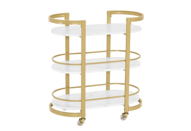 M Mcombo Servierwagen Mit Rollen, Küchenwagen Barwagen Metallgestell Weiß-gold, Moderne Rollwagen Mehrzweckwagen Mit 3 Ebenen, Für Küche Bad Wohnzimmer Büro, 40x75,5x80, 0034
