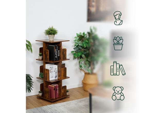 Relaxdays - Bücherregal, 360 Grad drehbar, 3 Ebenen, Industrial Design, HxBxT: 95x39x39 cm, Wohnzimmer Drehregal, braun
