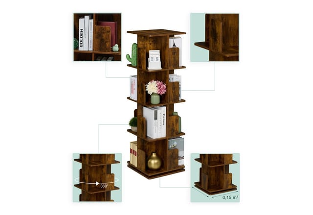Relaxdays - Bücherregal, 360 Grad drehbar, 4 Ebenen, Industrial Design, HxBxT: 125,5x39x39 cm, Wohnzimmer Drehregal, braun