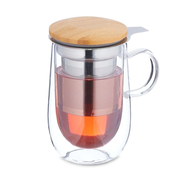 Teeglas, mit Edelstahl-Sieb, Bambusdeckel, Henkel, Volumen 430 ml, doppelwandige Teetasse, transparent/natur - Relaxdays