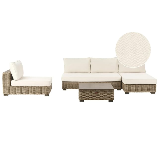 Lounge Set Grau Rattan 4-Sitzer Linksseitig mit Auflagen Cremeweiß Tisch und Lounger Boho Gartenausstattung Terrasse Outdoor