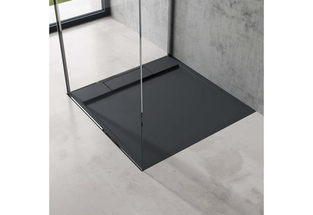 Duschtasse Duschwanne 70x70x4 flach Mineralguss in Anthrazit inkl. Ablaufgarnitur AL01 DIN-Anschlüsse für bodenebene Montage geeignet Geoma04