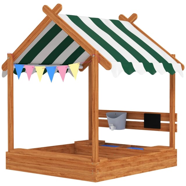 Outsunny Sandkasten mit Dach, Sandkiste aus Holz mit Sitzplatz, Spielhaus, 124 x 116 x 146 cm Sandbox mit Tafel für 3-7 Jahre Kinder, Garten, Grün