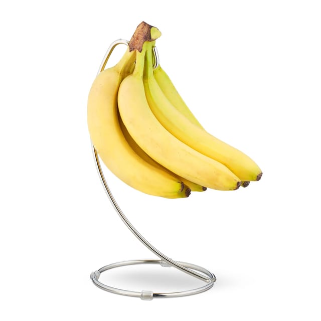 2 x Bananenhalter mit rundem Standfuß, Bananenhaken, Obstaufbewahrung, Bananen, Trauben, verchromtes Eisen, silber