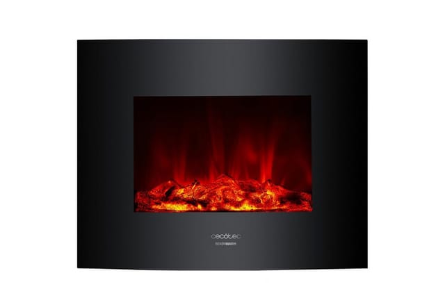 Elektrischer Dekokamin de 26" mit maximaler Leistung von 2000 W. Zwei Intensitäten 1000 W und 2000 W. Fernbedienung. Gebogenes Paneel aus gehärtetem