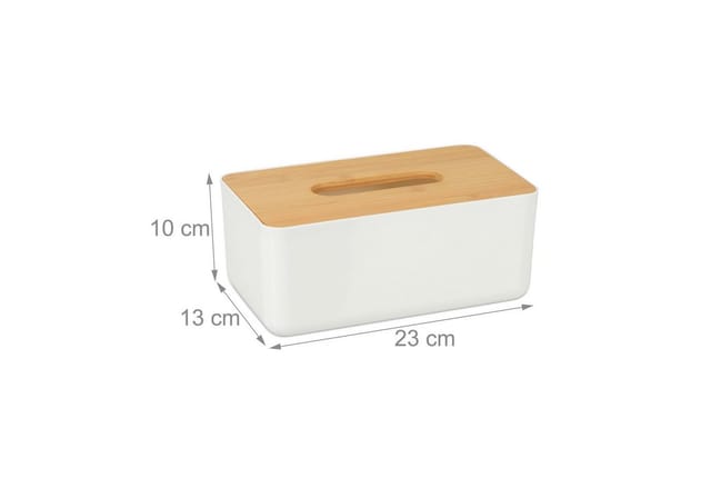 Relaxdays Tücherbox mit Deckel aus Bambus, fürs Bad, modernes Design, Kunststoff, H x B x T: 10 x 23 x 13 cm, weiß/natur