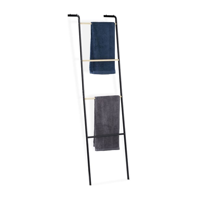 Handtuchleiter aus Metall, 4 Sprossen, für Handtücher & Kleidung, platzsparend, HxBxT 160x40x26 cm, schwarz - Relaxdays