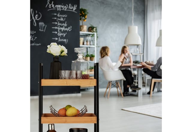 Servierwagen, moderner Küchentrolley, Bambus & Eisen, 3 Böden, quadratisch, 4 Rollen, 69,5 x 37 x 34 cm, natur - Relaxdays