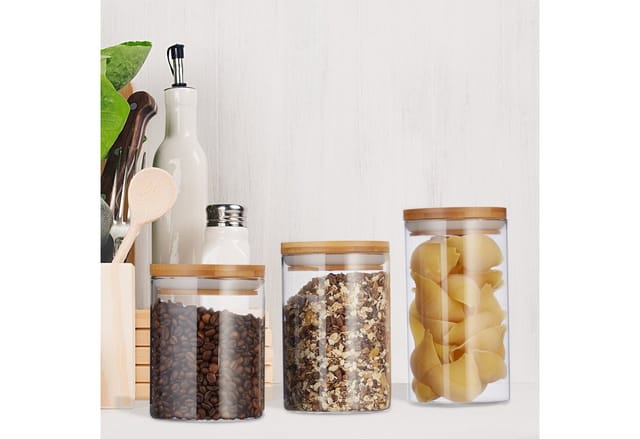 Vorratsdosen Glas, 3er Set, Größen 500, 700, 1000 ml, für Pasta, Reis, Müsli, Kaffee, d 9,5 cm, Bambus, natur - Relaxdays