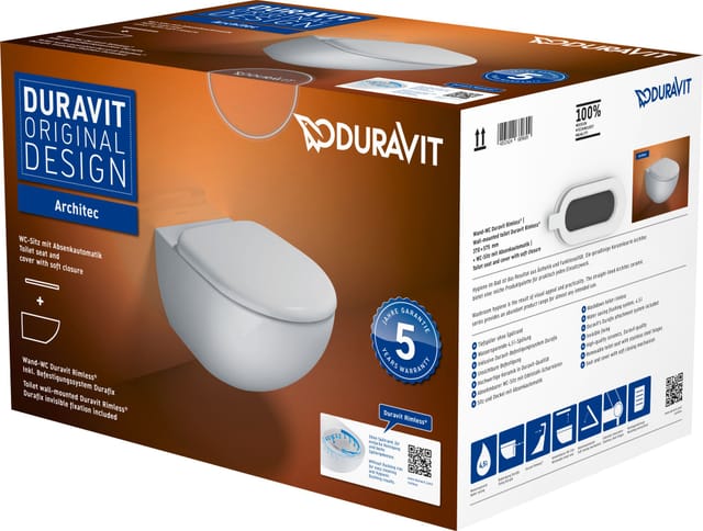 Architec WC-Set wandhäng. Weiß Hochglanz, 4,5l, Tiefspüler, rimless, waagerecht - Duravit