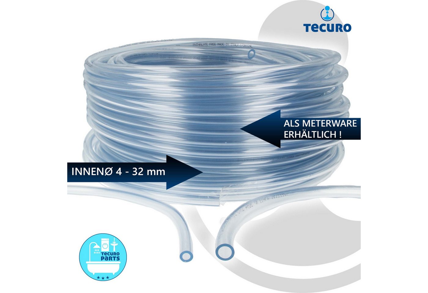 tecuro PVC-Schlauch Innen-Ø: 6 mm - Wandstärke 2 mm, transparent, flexibel, für Lebensmittel, Wasser, Öl, Benzin, max. +60°C