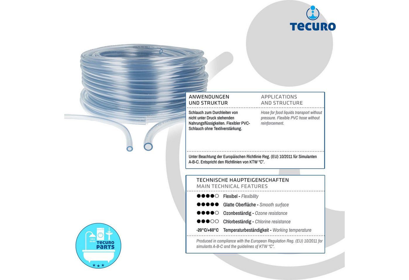 tecuro PVC-Schlauch Innen-Ø: 6 mm - Wandstärke 2 mm, transparent, flexibel, für Lebensmittel, Wasser, Öl, Benzin, max. +60°C Bild 2