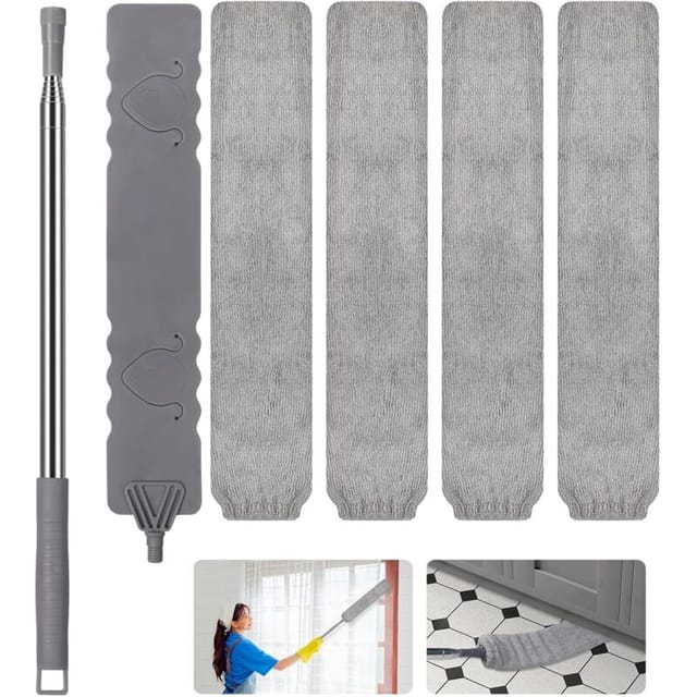 Teleskop-Staubwedel mit 4 auswechselbaren Reinigungstüchern, Mikrofaser-Staubwedel mit Edelstahlgriff, einziehbarer Staubreiniger für Lückenschränke,