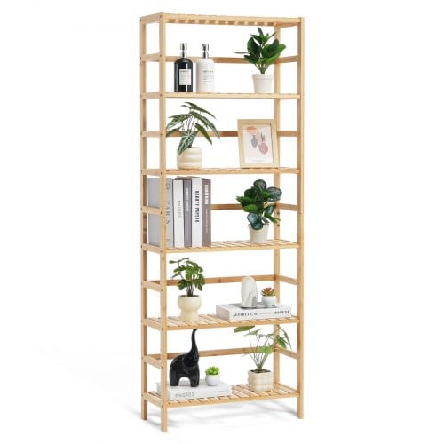 Vevor Bücherregal Mit 6 Ablagen Aus Bambus, Aufbewahrungsregal, Freistehender Multifunktionaler Blumenpflanzenständer Aktenregal Ideal Für Badezimmer Schlafzimmer Büro Arbeitszimmer Naturfarbe