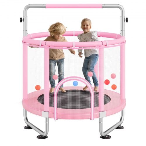 Kindertrampolin Trampolin Mini Freizeittrampolin 147 Cm Für Kleinkinder Einstellbar Mit Sicherheitsnetz & Basketballkorb, Geburtstagsgeschenk Weihnachtsspielzeug Für Kinder Ab 3 Jahren Rosa