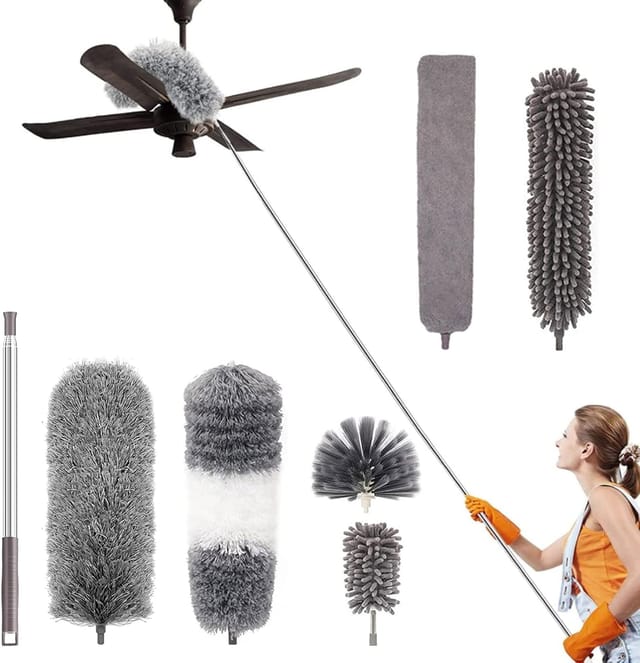 Plumeau Poussière Télescopique 7pcs Microfibre Nettoyage Kit Avec Poignée Inoxydable Lavable Têtes Amovibles Balai Antipoussière Pour Plafond Rideau Ventilateur Toiles D'Araignée Stores - Lntyq