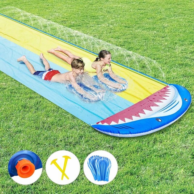 Wasserrutschenmatte, aufblasbare Wasserrutsche, Doppelbecken mit 2 Bodyboards für Kinder und Erwachsene, Wasserspiele im Garten im Freien, Boogie