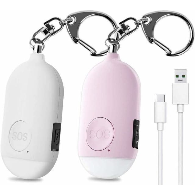 2 Stück 130 DB persönlicher Notfallalarm, wiederaufladbarer Sicherheitsalarm mit LED-Taschenlampe, Anti-Angriffs-Alarm, für Frauen, Kinder, ältere