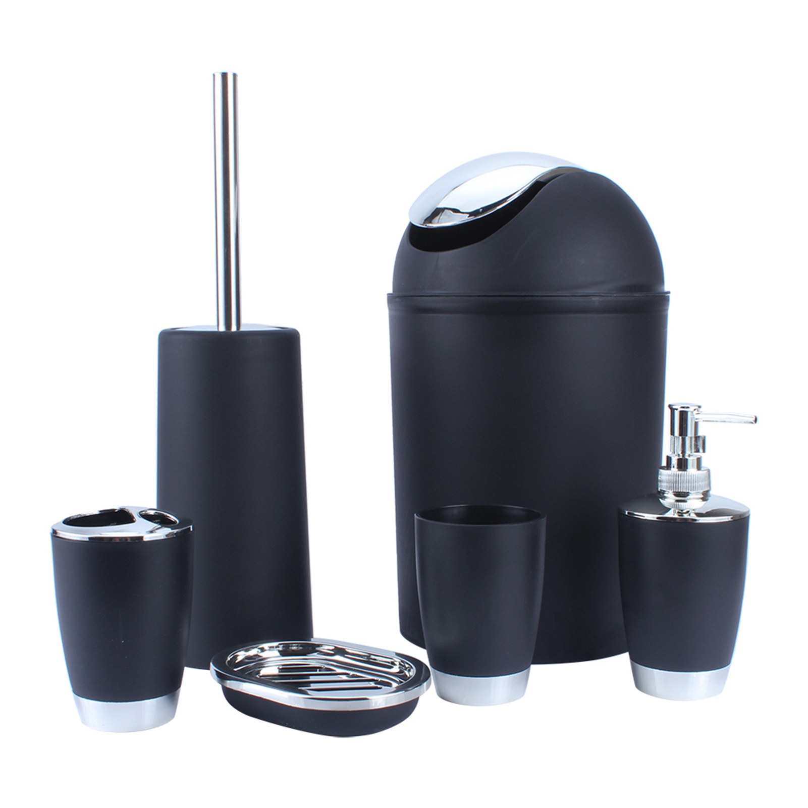 Set Mit 6 Badezimmeraccessoires: Seifenschale, Seifenspender, Becher Und Zahnbürstenhalter.