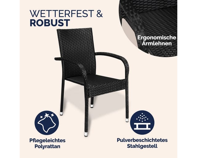 Gartenstühle Set Stapelbar Wetterfest Polyrattan Outdoor 160kg Garten Terrasse Balkon Stuhl Mit Armlehne Gartensessel Stapelstühle 4er Set Schwarz - Casaria