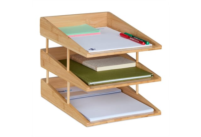 Relaxdays Briefablage, 3 Fächer, aus Bambus, DIN A4 Größe, stapelbare Dokumentenablage, für Schreibtisch und Büro, natur