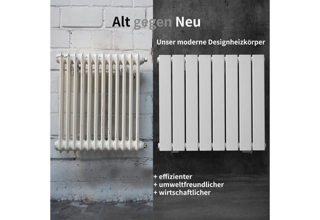 WITEN&NOCK Designheizkörper Austauschheizkörper mit seitlichen Anschlüssen NA 500 mm Flachheizkörper weiß 195 Watt Einlagig 550x300 mm