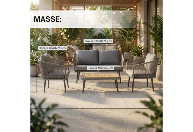 Estexo - Gartenmöbel Set Sitzgruppe Rope Essgruppe Outdoor Gartenbank Gartentisch Grau