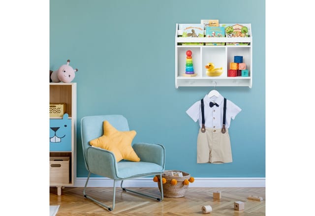 Relaxdays - Kinderregal, 5 Fächer & 3 Haken, Kinder Bücherregal Wand, hbt: 51,5 x 60 x 17,5 cm, hängend, Spielregal, weiß