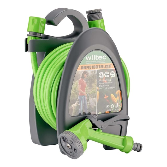 Wiltec - Mini Schlauchabroller, Schlauchtrommel mit 10 m pvc Schlauch, Gartenschlauchtrommel aus pp, Wasserschlauch Trommel mit verstellbarer Düse