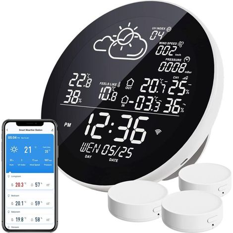 Aiperq – Drahtlose Wlan-wetterstation – 3 Außensensoren – 13-cm-lcd-bildschirm – Genauigkeit: 0,1 °c Und 0,1 % – Reichweite: 60 M – Kompatibel Mit Tuya-apps