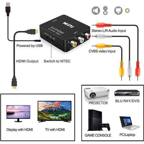 Ouylaf – Rca-zu-hdmi-adapter – 720p-zu-1080p-audio-video-konverter – Kompatibel Mit Ps2, Ps3 Und Xbox – Usb-stromkabel Im Lieferumfang Enthalten