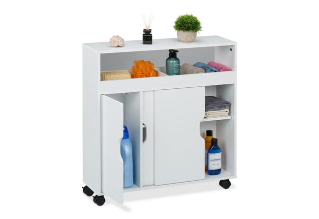 Relaxdays Nischenschrank, 3 Fächer, 2 offene Ablagen, H x B x T: 71,5 x 70 x 20 cm, Bad, Küche, MDF, Rollwagen, weiß