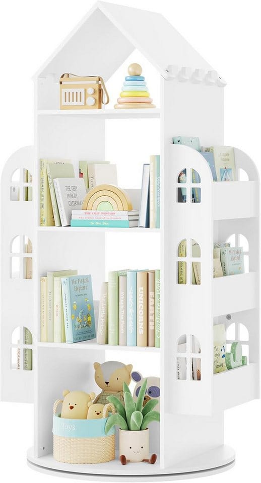 Drehbares Bücherregal Kinder, Kinderregal Kinderbücherregal, mit 4 Ebenen, Regal Hausform, Weiß - Woltu