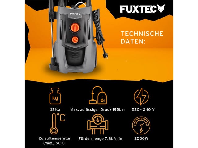 Profi-Hochdruckreiniger FX-HDRP2500, Flächenreiniger mit 7m Hochdruckschlauch, 195 bar, Fördermenge 468l/h, 2500W Leistung, integrierter
