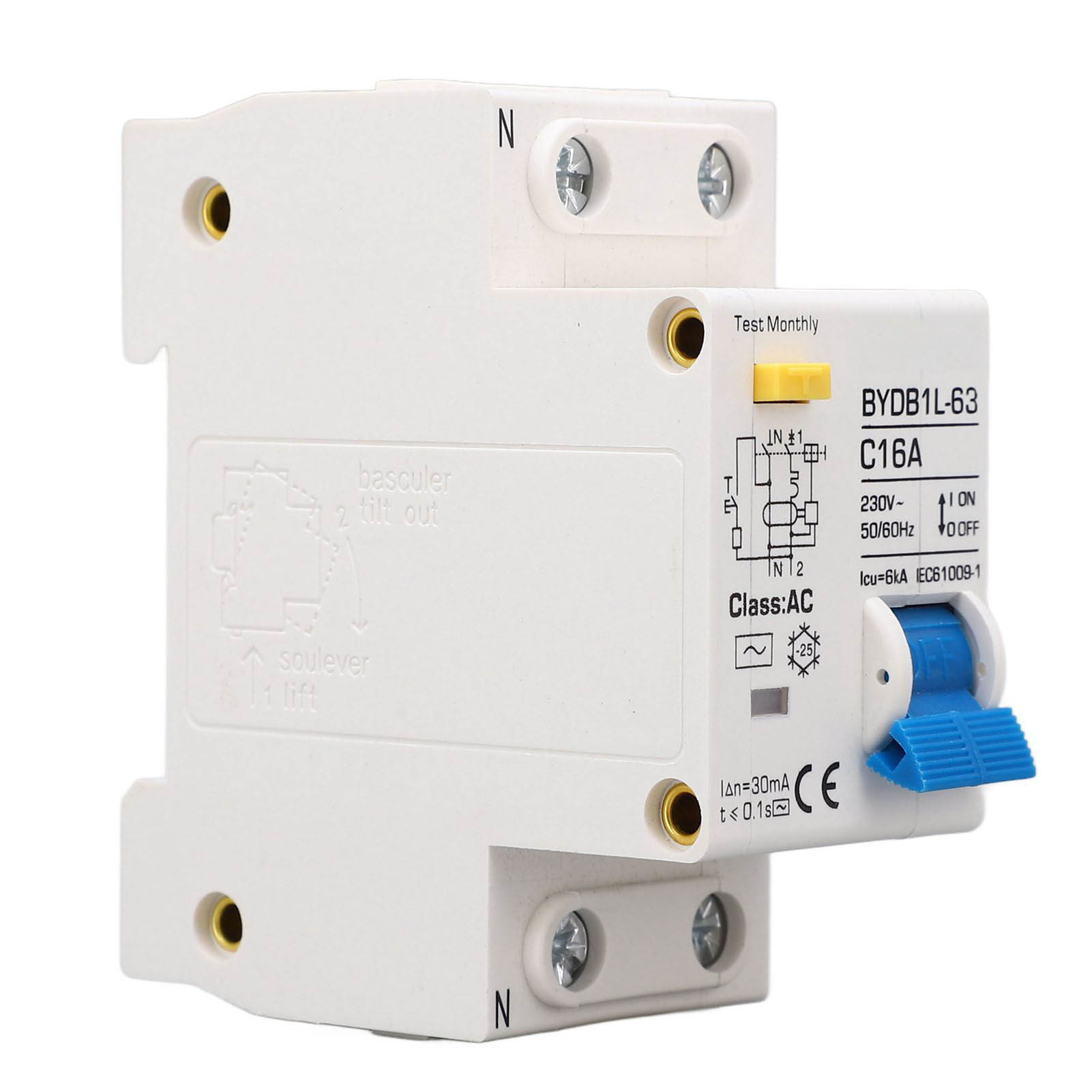 Automatischer Leitungsschutzschalter 1p+n Ac 230v 16a Mit Erdschluss- Und Fehlerstromschutz, Din-schienenmontage.
