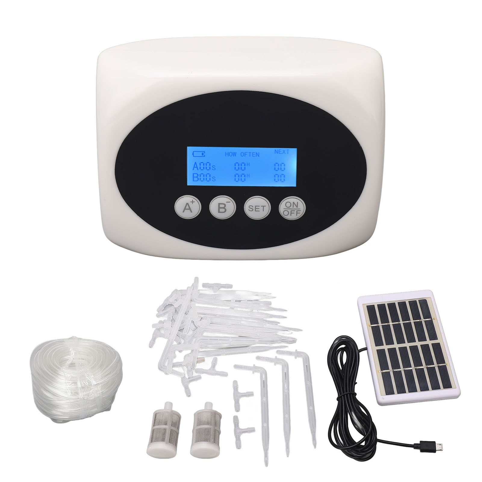 Solare Bewässerungsanlage Mit Zwei Wasserpumpen, Die Über Usb Oder Batterie Betrieben Werden, Mit Lcd-bildschirm Und Automatischem Tropfbewässerungsset Für 15 Pflanzen.