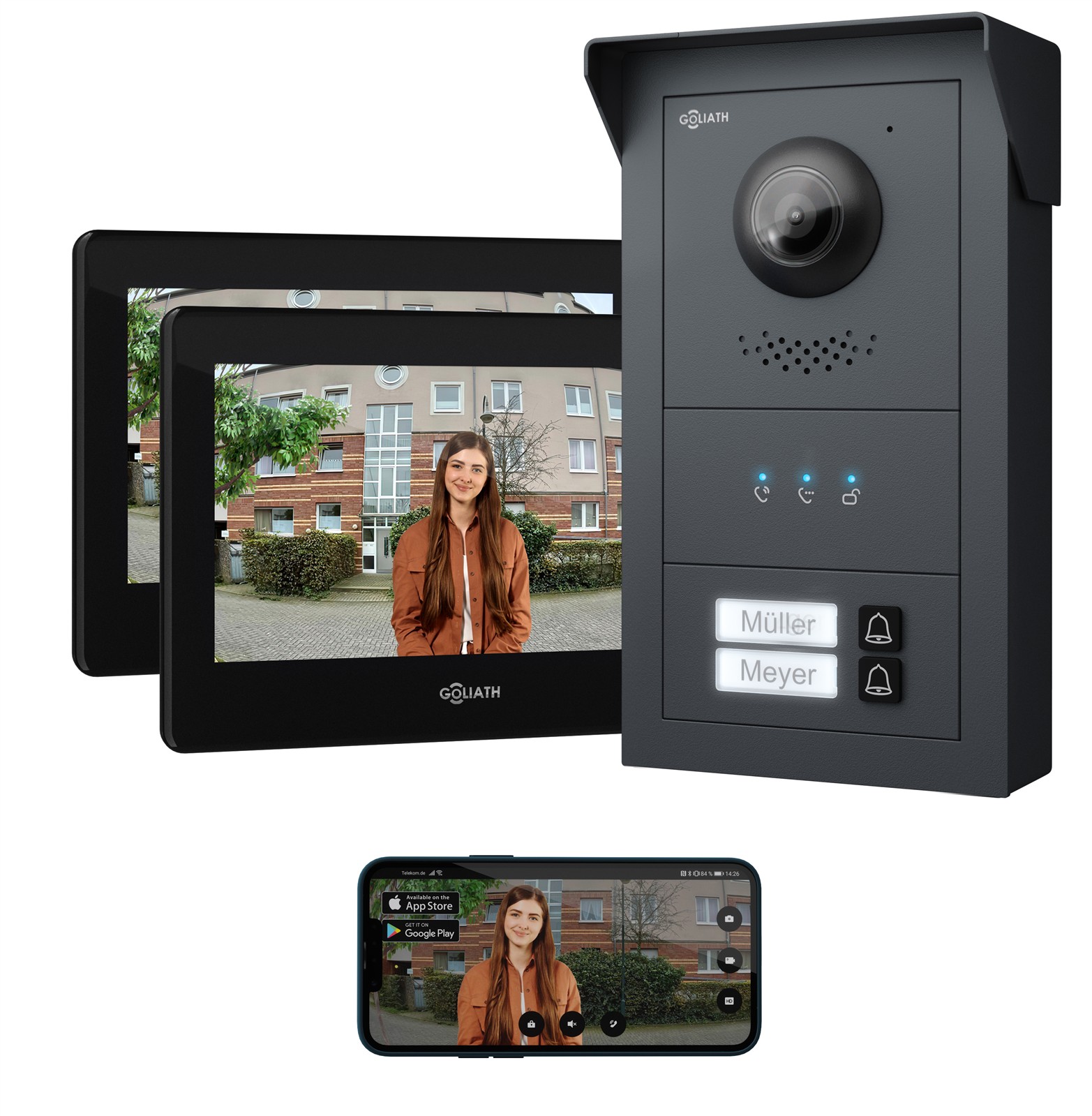 Goliath 2-draht Bus Videotürsprechanlage Mehrfamilienhaus, 7 Zoll Innenstation, Außenstation Mit Kamera, Plug & Play, Smartphone App 1