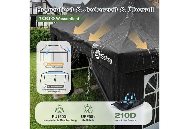 Faltpavillon 3 X 6 M Pop Up Pavillon Partyzelte Wasserdicht, Uv-schutz 50+ Festzelt Mit 6 Seiten Für Camping / Garten / Hochzeit, Schwarz - Sekey