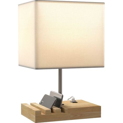 Nachttischlampe Aus Holz Und Stoff Mit Usb-anschluss, Kippschalter Und Ablagefach