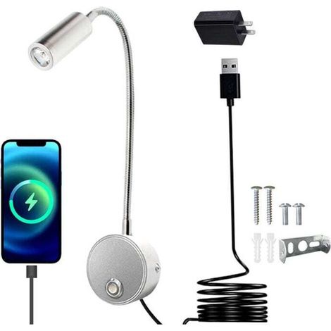 3-w-led-wandleuchte Für Den Nachttisch Mit Dimmbarem Touch-schalter, Usb-anschluss, 360° Schwenkbarer Leselampe, Stecker Und Kabel, 3000–6000 K, Silber, Energieklasse B