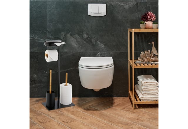 Wc Garnitur, Bambus, hbt: 66,5x30x20 cm, freistehender Klopapierhalter, Ablage, Toilettenbürste, schwarz/natur - Relaxdays