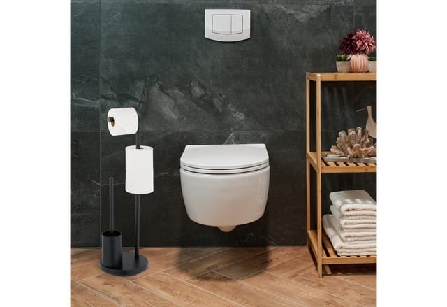 Wc Garnitur, Edelstahl, HxD: 68 x 22 cm, stehender Klopapierhalter, Toilettenbürste mit Bürstenhalter, schwarz - Relaxdays