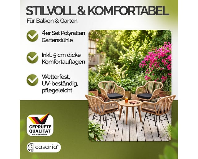 Gartenstühle 4er Set Polyrattan inkl. 5cm Auflagen Boho-Stil Gartensessel Wetterfest mit Armlehne Garten Terrasse Balkon Stuhl Sessel Outdoor 4er Set