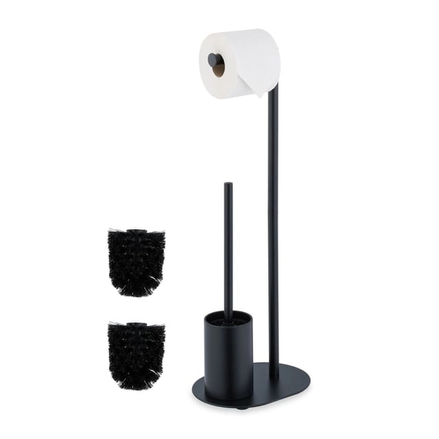 Wc Garnitur, Metall, HxBxT: 63x23x17 cm, stehender Klopapierhalter, Toilettenbürste mit Bürstenhalter, schwarz - Relaxdays