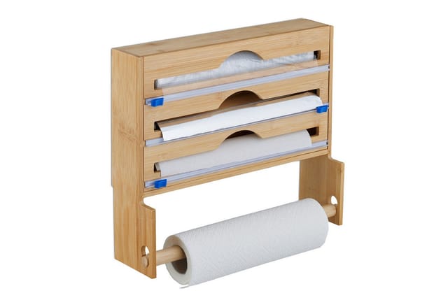 Folienspender mit Küchenrollenhalter, Wandmontage, HxBxT: 31x36x10 cm, Bambus, Folienschneider Küche, natur - Relaxdays
