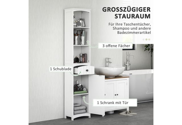 Homcom - Badezimmerschrank Badschrank hoch Hochschrank mit 3 Regalen, 1 Schublade Aufbewahrungsschrank Schrank für Badezimmer, Wohnzimmer Weiß,