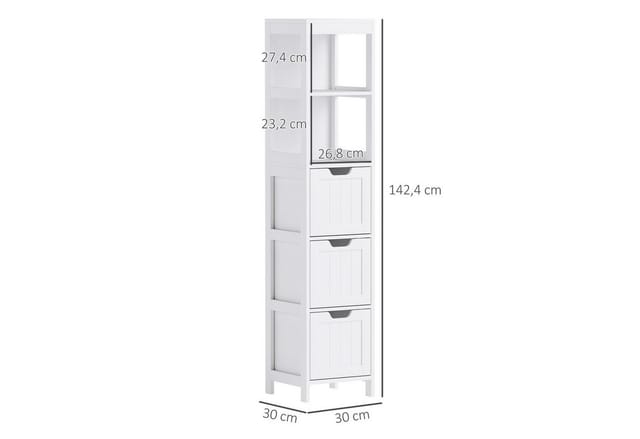 Homcom - Badezimmerschrank Badschrank, Bad Hochschrank mit 3 Schubladen, 2 offenen Fächern, Aufbewahrungsschrank für Badezimmer, Wohnzimmer, Weiß, 30