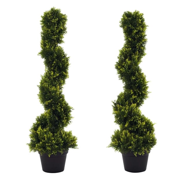 Outsunny - 2er Set künstliche Zedernbaum groß 90 cm Kunstpflanze, Plastik künstliche Pflanzen Zeder im Topf, Spiralpflanze wie echt für Wohnzimmer